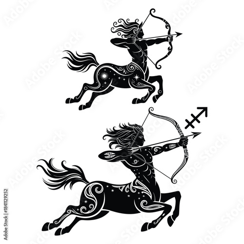 Vector illustration stylized silhouette of a centaur archer drawing a bow Sagittarius Zodiac Sign Centaur Archer Silhouette - Greek Mythology Astrology Vector