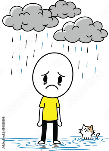 A simple cartoon illustration depicts a sad person standing in the rain with a flooded environment