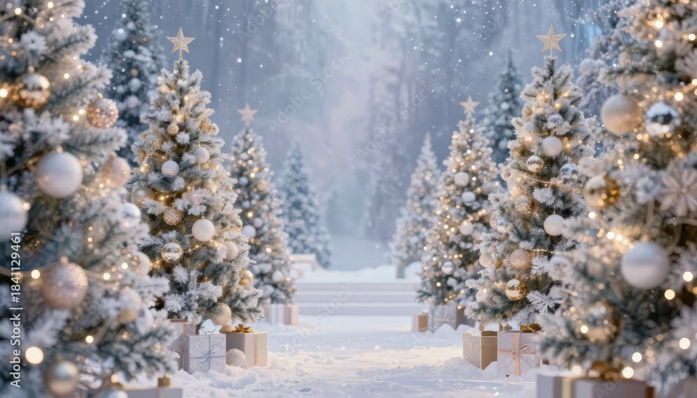 Fototapeta premium Magical Christmas Forest Scene with Decorated Trees and Snow