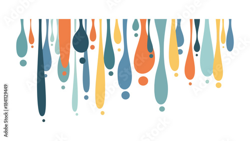 Abstract Drop art: a visually compelling digital painting showcases a cascade of elongated teardrop shapes, each boasting a distinct hue, creating a striking interplay of color and form.