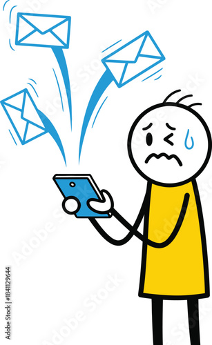 Overwhelmed individual looking at a mobile phone surrounded by numerous incoming email notifications and feeling stressed