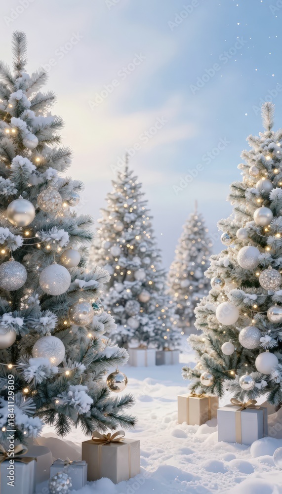 Fototapeta premium Magical Winter Forest Scene with Decorated Christmas Trees and Gifts