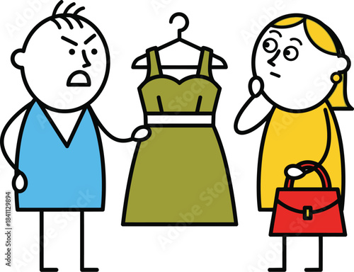 Cartoon illustration of a couple arguing over a green dress in a store with a surprised expression