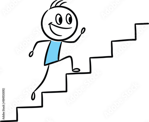 Stick figure happily climbing a staircase representing growth progress and achieving goals with a positive attitude