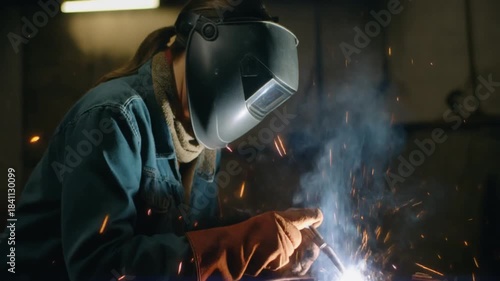 Craftsperson Welding Metal Piece with Bright Sparks and Protective Mask