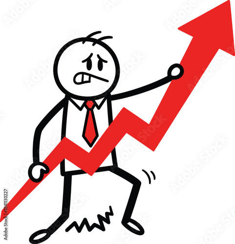 Stick figure businessman struggles to climb a steep red upward trending arrow representing growth and success