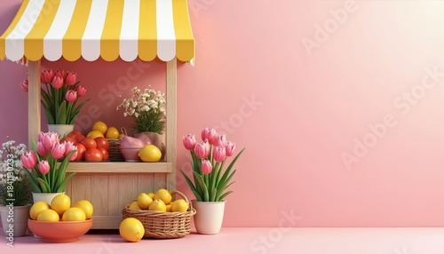 Flower and fruit stall with tulips and lemons. Red tomatoes and yellow citrous are in baskets. White and pink blooms add spring colors. Sunny awning covers produce stand.
