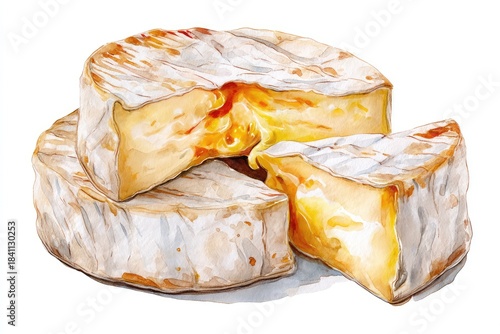 Whole Camembert Cheese Watercolor Illustration on White Background Showing Delicious Creamy Texture and Round Shape