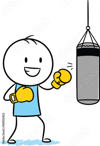 Stick figure enthusiastically prepares to punch a gray punching bag in a simple cartoon illustration