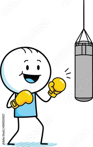Stick figure character enthusiastically punches a gray boxing bag in a playful illustration of fitness and determination