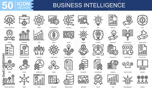 Business Intelligence icon collection set. Containing data management, Technology, Data Analysis, Idea, Reporting, Income icon