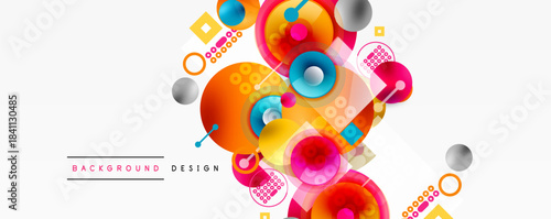 Abstract colorful design. Circles, squares, dots create dynamic composition. Modern background for projects, presentations.
