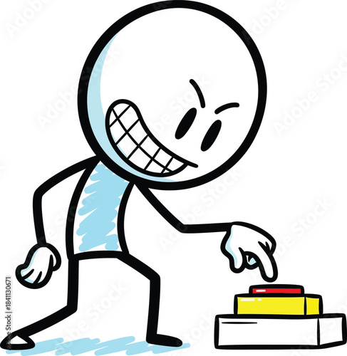 Stick figure character eagerly pressing a large yellow button with a playful expression and determined stride