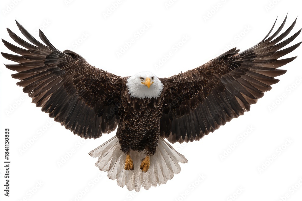 Obraz premium Majestic Bald Eagle Soaring with Wings Fully Outstretched Towards Viewer in Clear Sky