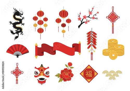Festive Chinese New Year Decorations with Dragons and Lucky Charms