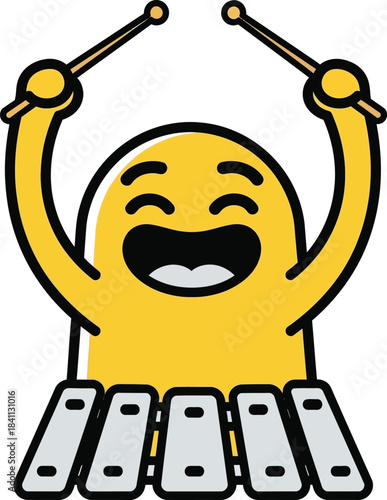 Cheerful yellow cartoon character enthusiastically playing a xylophone with raised drumsticks and a joyful expression