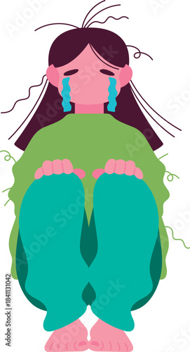 体育座りで泣いている女性のイラスト crying woman