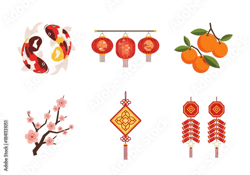 Chinese New Year Celebration Icons with Lanterns, Koi Fish, and Blooming Cherry Blossoms