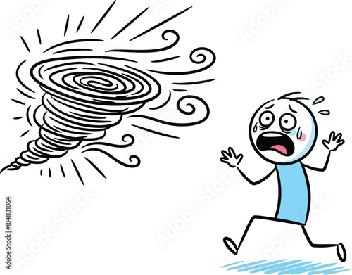 A whimsical doodle of a stick figure running away in fear from a chaotic scribbled monster shape