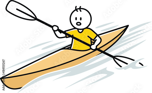 Cartoon illustration of a person kayaking on water with a paddle in a bright and cheerful style
