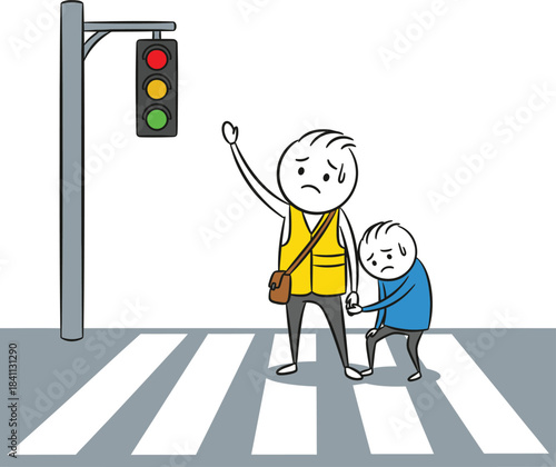 Two children wait patiently at a crosswalk for the signal to change to walk demonstrating road safety awareness