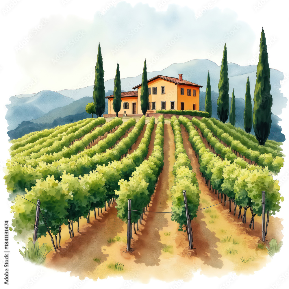 Fototapeta premium Watercolor painting of a Tuscan villa surrounded by green vineyards. Cypress trees line the hills leading to the residence. The scene depicts a rural Italian countryside landscape.