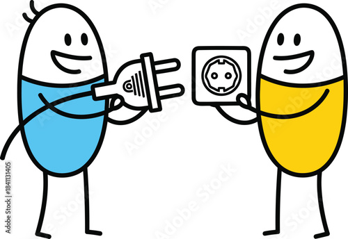 Cartoon illustration of two stick figures exchanging a small card or document in a simple playful style