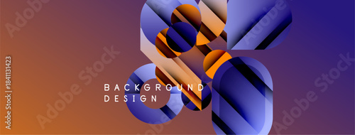 Abstract geometric shapes, gradients, vibrant colors. Modern design elements create dynamic visual composition. Background texture suggests depth.