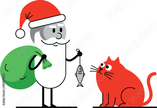 Charming illustration of santa claus with a fluffy green sack and a curious ginger cat at his feet