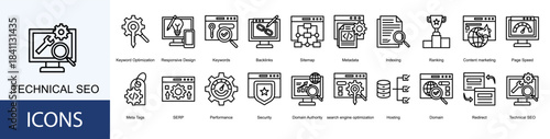 technical seo icon collection set. Containing Keywords, Backlinks, Sitemap, Metadata, Indexing, Ranking, Content marketing icon
