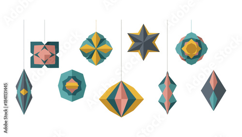 Geometric Ornaments: A collection of meticulously crafted, polygon-based ornaments hangs gracefully, showcasing a modern, minimalist aesthetic.