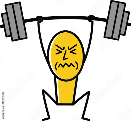 Cartoon illustration of a yellow stick figure struggling to lift a heavy barbell overhead with intense effort