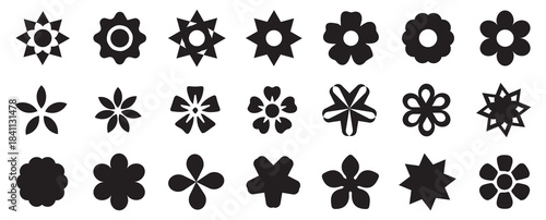 Flowers icon set. Retro vintage style, hand drawn decorative elements. Black Flower isolated on white background . Vector illustration. 