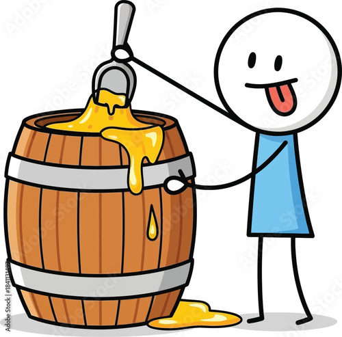Cartoon stick figure happily stealing honey from a wooden barrel with a spoon illustration