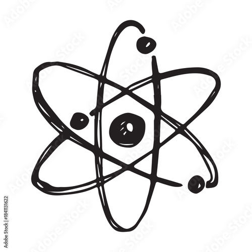 Hand drawn atom sign Molecule clipart in doodle style Single element for print, web, design, decor Symbol of science, education, nuclear energy, scientific research, molecular chemistry