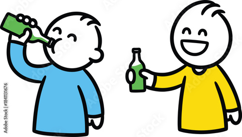 Two cheerful cartoon friends enjoying a drink together in a simple colorful and playful illustration