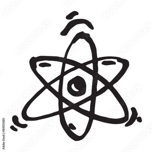 Hand drawn atom sign Molecule clipart in doodle style Single element for print, web, design, decor Symbol of science, education, nuclear energy, scientific research, molecular chemistry