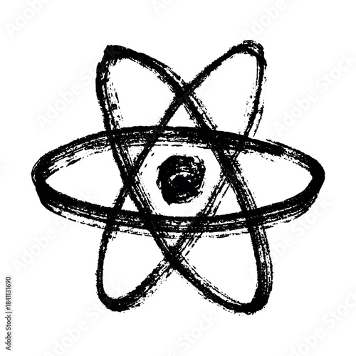 Hand drawn atom sign Molecule clipart in doodle style Single element for print, web, design, decor Symbol of science, education, nuclear energy, scientific research, molecular chemistry