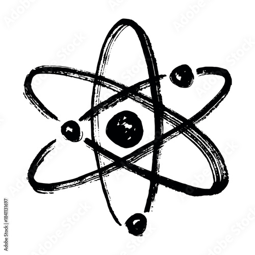 Hand drawn atom sign Molecule clipart in doodle style Single element for print, web, design, decor Symbol of science, education, nuclear energy, scientific research, molecular chemistry