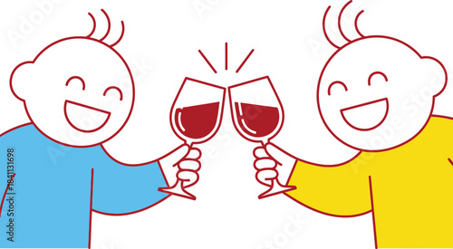 Three friends cheerfully toasting with glasses of red wine in a colorful and playful hand drawn illustration