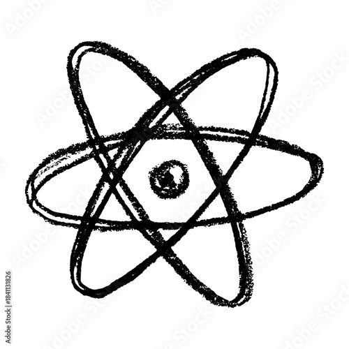 Hand drawn atom sign Molecule clipart in doodle style Single element for print, web, design, decor Symbol of science, education, nuclear energy, scientific research, molecular chemistry