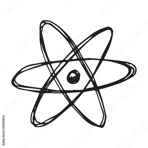 Hand drawn atom sign Molecule clipart in doodle style Single element for print, web, design, decor Symbol of science, education, nuclear energy, scientific research, molecular chemistry