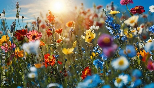 Fototapeta Naklejka Na Ścianę i Meble -  Picturesque summer meadow with bright wild flowers under a sunny sky. Nature, ecology, blooming, freshness.