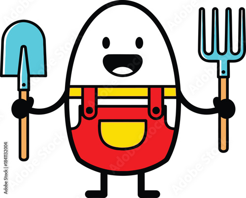 Charming cartoon egg character holding gardening tools a shovel and a pitchfork with a happy expression