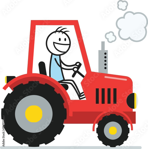Whimsical illustration of a stick figure happily driving a bright red tractor with a speech bubble