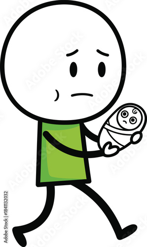 Stick figure character sadly walking with a small bouquet of flowers expressing disappointment or grief