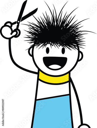 A cheerful stick figure boy with messy hair enthusiastically raises a hand in a peace sign gesture