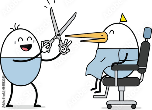 Charming cartoon illustration of an egg character getting a haircut at a salon by another egg stylist