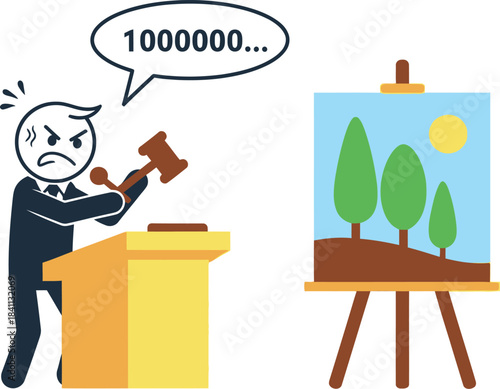 Cartoon illustration of an auctioneer selling a painting of trees under a bright yellow sun on an easel
