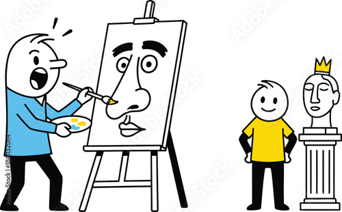 Whimsical illustration of people interacting with art in a gallery setting featuring statues and paintings